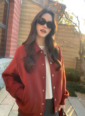 pusumede 廓形界限 复古红翻领毛呢外套女宽松休闲短款呢子夹克