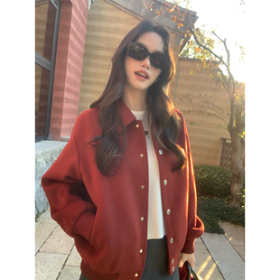 呢子夹克 复古红翻领毛呢外套女宽松休闲短款 pusumede 廓形界限