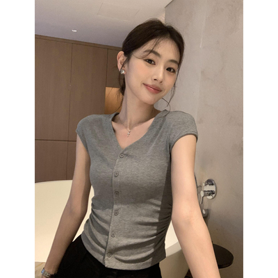 pusumede 小蛮腰~ v领修身短袖t恤女褶皱收腰针织短款小飞袖上衣