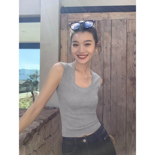 U领无袖针织上衣背心女短款