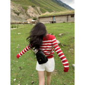 魅力线条 圆领条纹针织开衫 女休闲短款 pusumede 麻花长袖 外套上衣