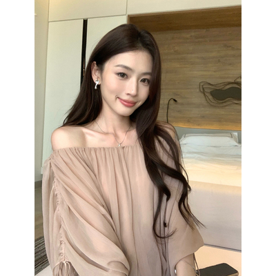 pusumede一字肩上衣灯笼袖雪纺衫