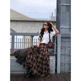 大摆裙 复古格子百褶半身裙女设计感高腰中长款 pusumede 活力格纹