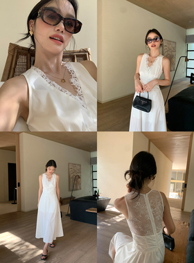 pusumede清冷系穿搭 蕾丝拼接露背v领连衣裙女收腰背心裙开叉长裙