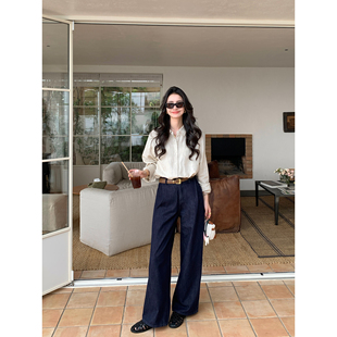 女宽松休闲百搭宽松直筒拖地长裤 pusumede 宝蓝色复古阔腿牛仔裤