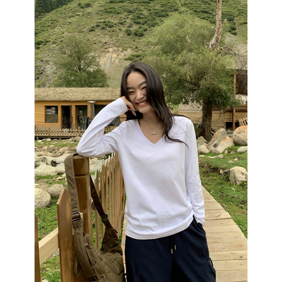 v领长袖t恤打底衫纯棉上衣