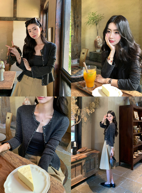 pusumede Paris千金 法式喇叭长袖小香风针织开衫女无袖吊带上衣