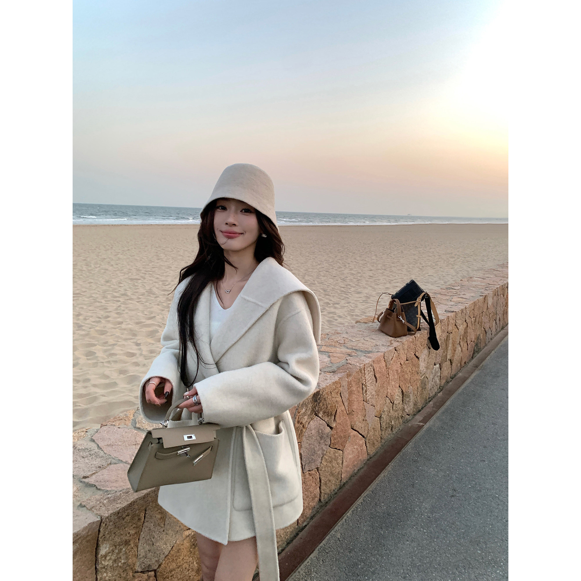 pusumede 都市主角 海军领羊毛双面呢大衣女气质系带收腰毛呢外套,女装/女士精品,毛呢外套,淘宝优惠券,粉丝福利购,淘宝优惠卷