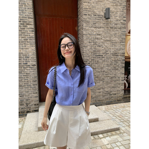 亚麻短袖衬衫女宽松休闲衬衣