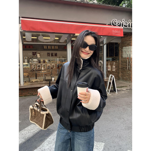 羊羔毛拼接皮衣外套女加厚夹克