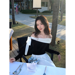 上衣 一字肩T恤女蝴蝶结系带设计感露肩短款 pusumede温柔时刻 法式