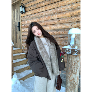 pusumede 缪斯之语 仿皮草毛领羽绒服女白鸭绒宽松保暖夹克外套