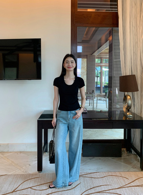 pusumede 蓝色宽松阔腿牛仔裤女毛边直筒裤高腰显瘦拖地长裤子