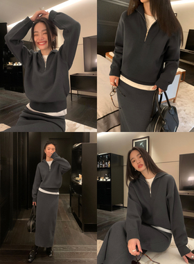 pusumede 黑色半高领拉链针织毛衣女秋冬季宽松显瘦针织打底上衣