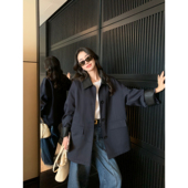 撞色拼接风衣外套女翻领宽松中长款 pusumede 英伦调调 夹棉大衣