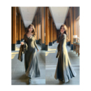 pusumede 优雅荡领褶皱收腰连衣裙女设计感黑色针织长裙 温柔属性