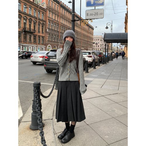 pusumede 韩女法则 中长款百褶半身裙女秋冬高腰a字裙设计感裙子