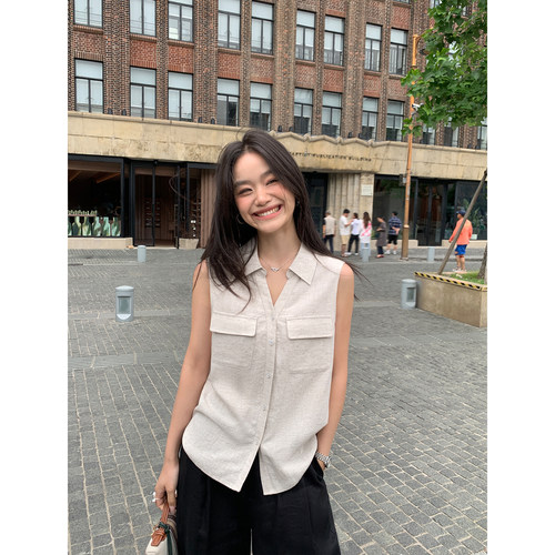 v领polo无袖衬衫女亚麻马甲上衣