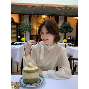 女温柔气质设计感泡泡袖 pusumede 莱赛尔绑带衬衫 浪漫 上衣 法式