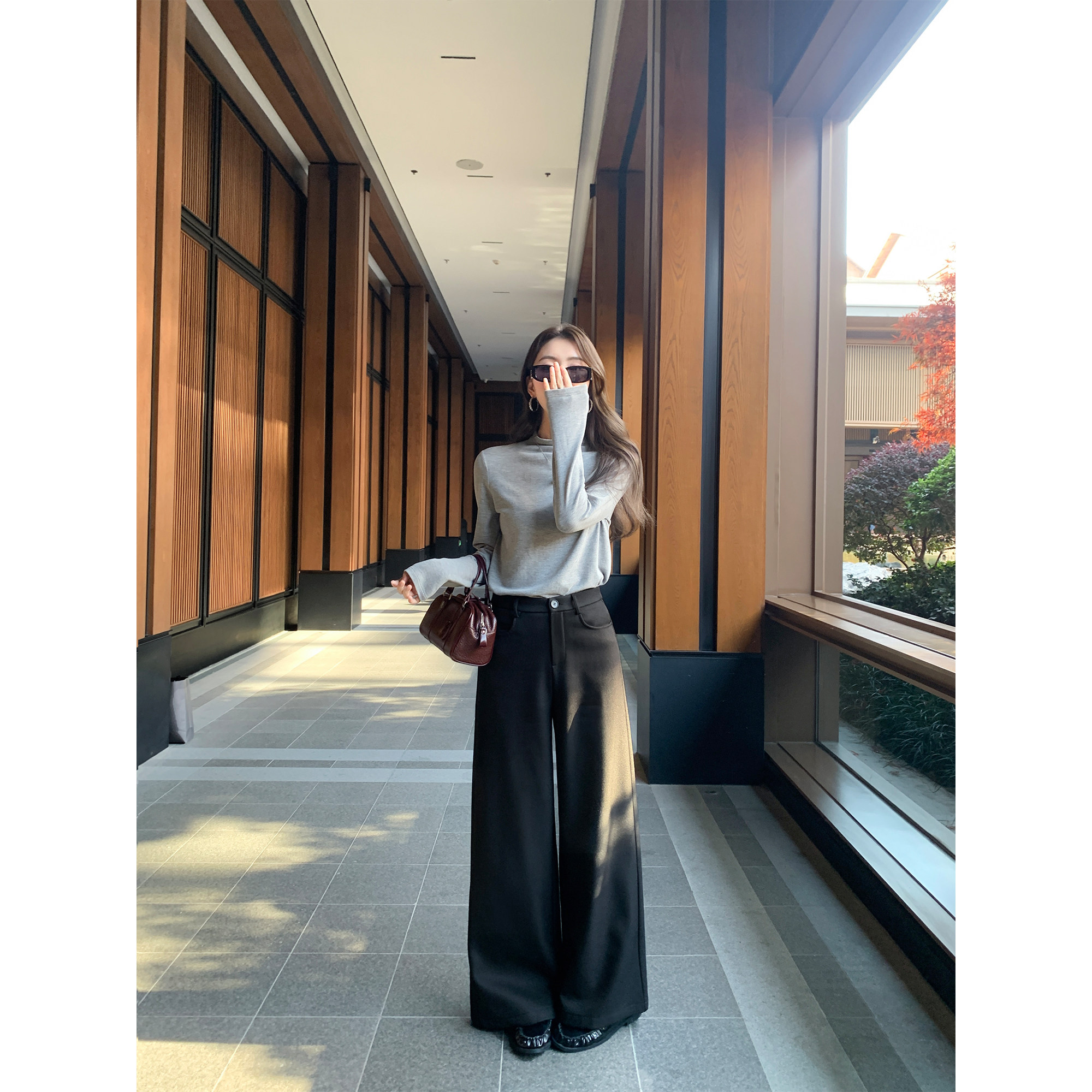 pusumede 都市巡游 宽松加绒阔腿西裤女垂坠感休闲保暖直筒西装裤