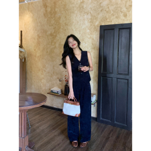 套装 pusumede 上衣阔腿直筒拖地裤 雪尼尔V领马甲无袖 现货5折