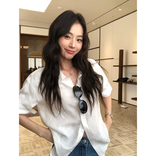 pusumede 老钱vibe 1OO亚麻短袖衬衫女宽松通勤衬衣中袖气质上衣