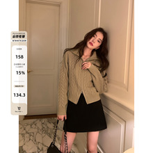 pusumede翻领麻花毛衣开衫外套女短款休闲气质拉链设计感针织上衣