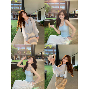 女 衬衫 带胸垫吊带背心两件套 莱赛尔亚麻灯笼袖 pusumede海盐荔枝