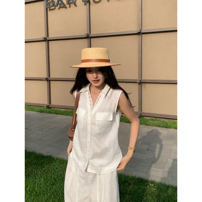 pusumede 智性氧气感 1OO亚麻v领无袖衬衫女设计感马甲背心上衣