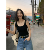 pusumede黑色吊带背心女夏季 针织外穿百搭上衣 短款 基础款 弹力修身