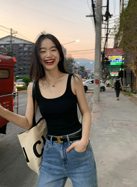 pusumede黑色吊带背心女夏季基础款弹力修身短款针织外穿百搭上衣