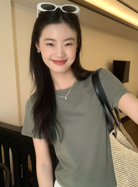 pusumede 白色圆领短袖t恤女夏季宽松显瘦正肩打底针织上衣
