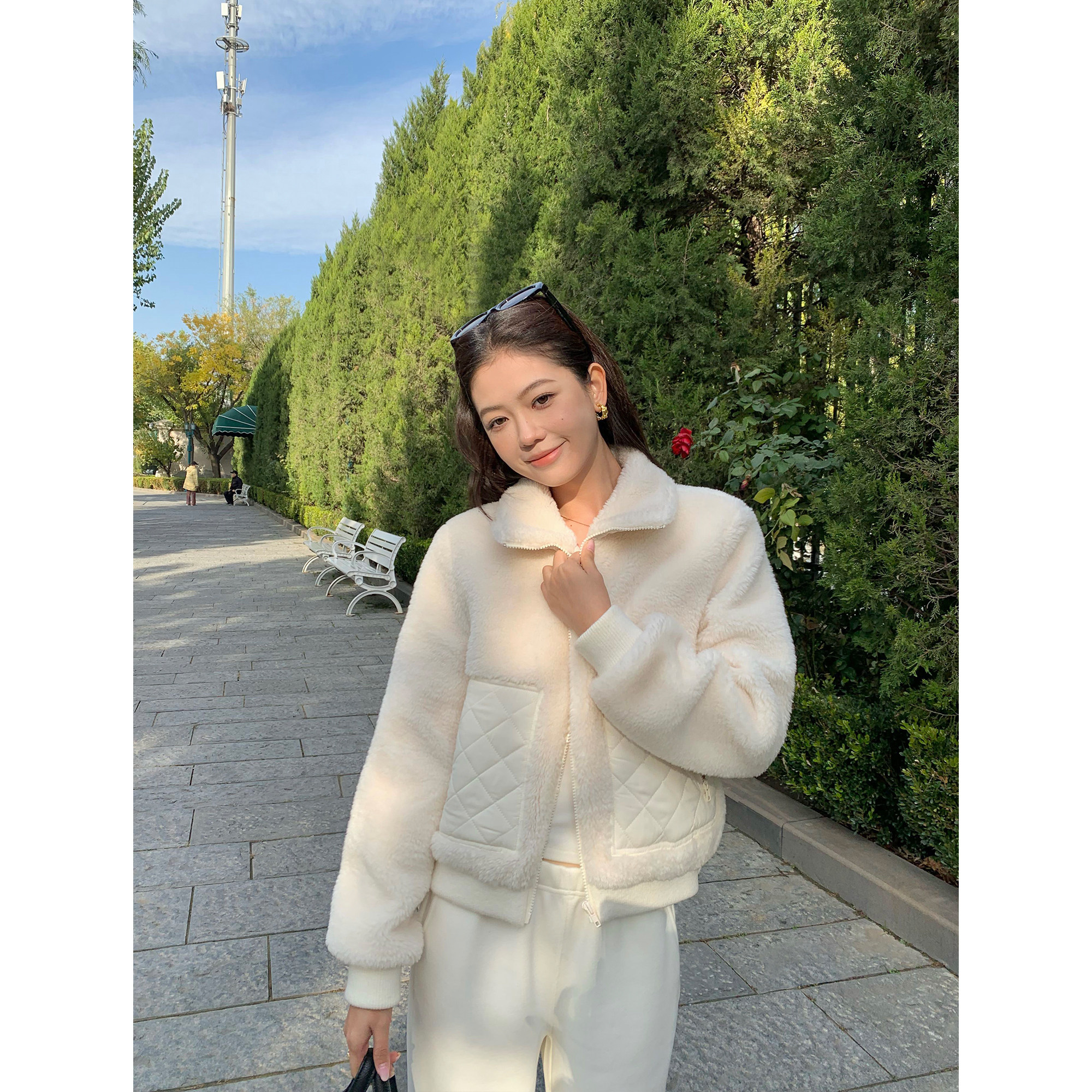 pusumede 慵懒时光 轻盈保暖羊羔毛仿皮草女气质菱格拼接夹棉外套,女装/女士精品,皮草,淘宝优惠券,粉丝福利购,淘宝优惠卷