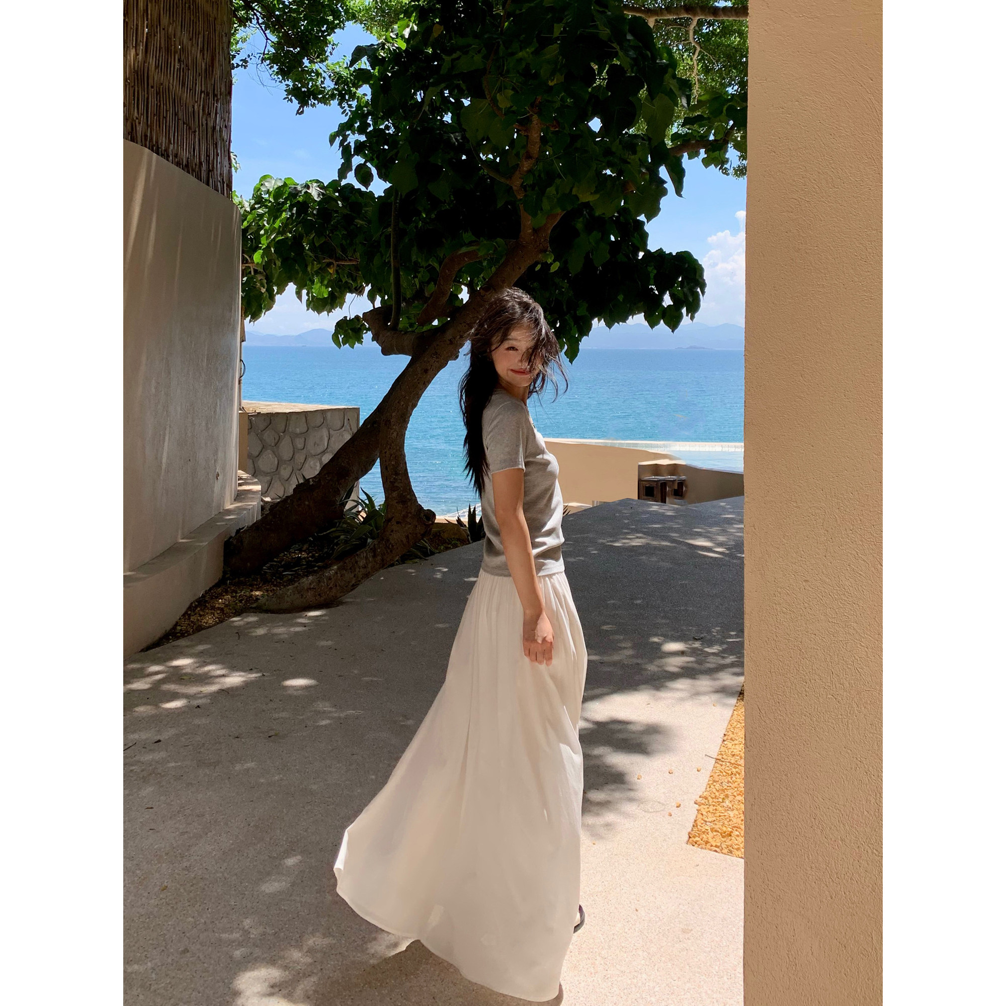 pusumede法式半身裙女松紧腰长款宽松a字伞裙气质垂感大裙摆裙子