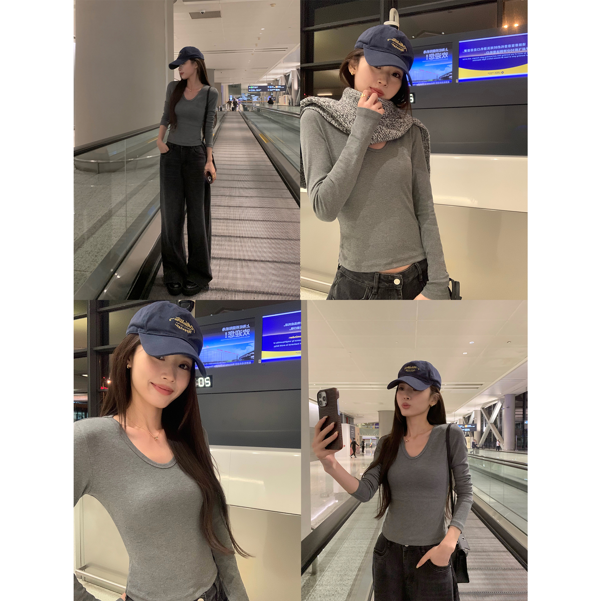 pusumede 暖灰漫序 气质u领长袖针织衫女弹力修身内搭打底上衣