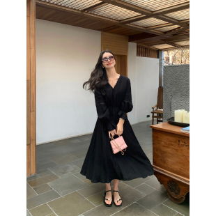 长袖 法式 v领连衣裙女仙女裙收腰显瘦长裙子 现货5.5折 pusumede