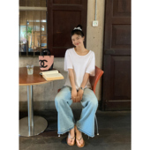 白色大领口短袖 pusumede 现货6.5折 T恤女韩系宽松上衣