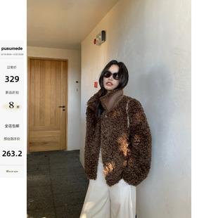 仿皮草外套女气质宽松保暖毛毛上衣 翻领短款 pusumede 奶霜绒语