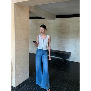 全棉长裤 pusumede高腰阔腿喇叭牛仔裤 女设计感宽松直筒微喇休闲裤