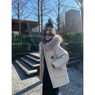 pusumede连帽工装 加厚保暖宽松休闲大毛领派克服外套 羽绒服女冬季