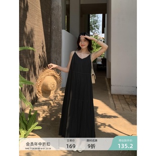 设计感宽松a字海边度假沙滩长裙 pusumede白色v领吊带连衣裙女夏季