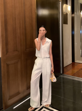 pusumede 老钱taste 100%亚麻V领背心小衫无袖上衣阔腿休闲裤套装