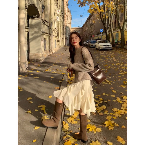 pusumede 仙德瑞拉 不规则半身裙女设计感小众荷叶边蕾丝拼接裙子