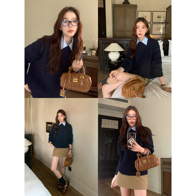 圆领套头麻花毛衣女秋冬针织衫