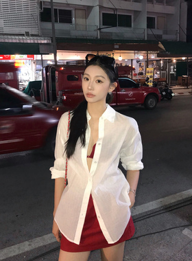 pusumede 腔调理念 白色条纹长袖衬衫女微透防晒衬衣宽松百搭上衣