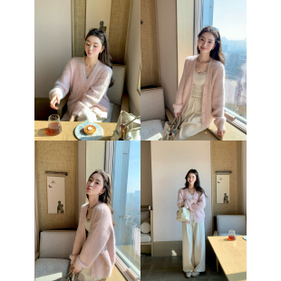 女宽松气质毛茸茸上衣 慵懒风V领仿貂毛开衫 pusumede 雪域冬日