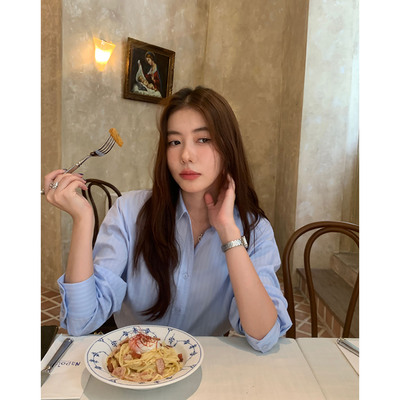 落肩宽松长袖条纹衬衫