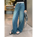 女高腰宽松小个子休闲裤 蓝色复古阔腿牛仔裤 子 无色清晨 pusumede