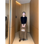 咖色麂皮绒a字半身裙女复古气质高腰大裙摆长裙 pusumede鎏金碎片