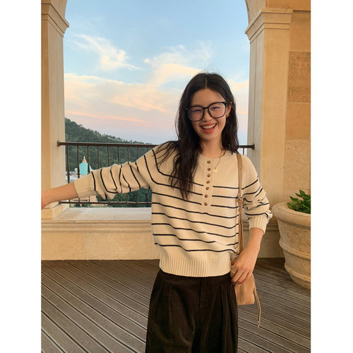 条纹毛衣女宽松显瘦针织上衣